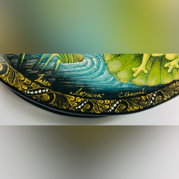 2 Russian Lacquer Boxes 22 Kt Gold Hand Painted Signed Palekh Fedoskino Cat Frog - Picture 16 of 16